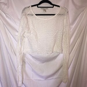 White Lace Cropped Long Sleeve Top